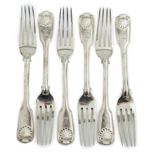 97 - A set of six Victorian silver fiddle, thread and shell pattern table forks, by Henry John Lias and J... 