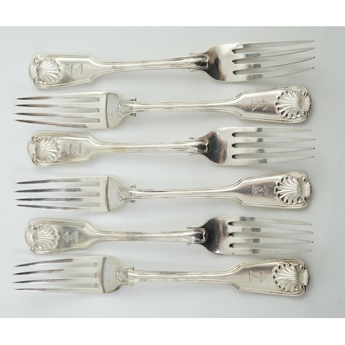 97 - A set of six Victorian silver fiddle, thread and shell pattern table forks, by Henry John Lias and J... 