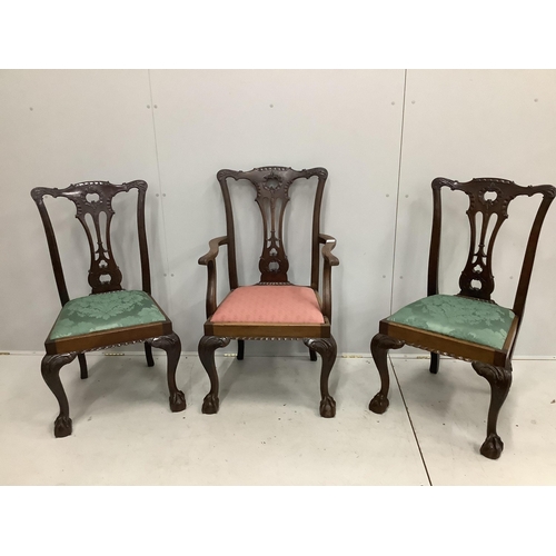 1034 - A set of three Chippendale style mahogany dining chairs, one with arms. Condition - fair