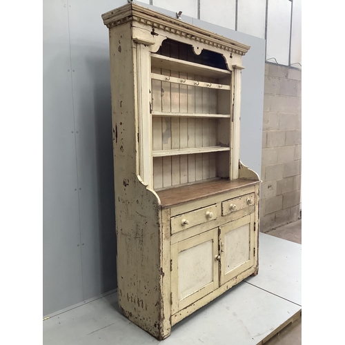 1036 - An early 19th century Irish painted pine dresser with boarded rack, width 126cm, depth 49cm, height ... 