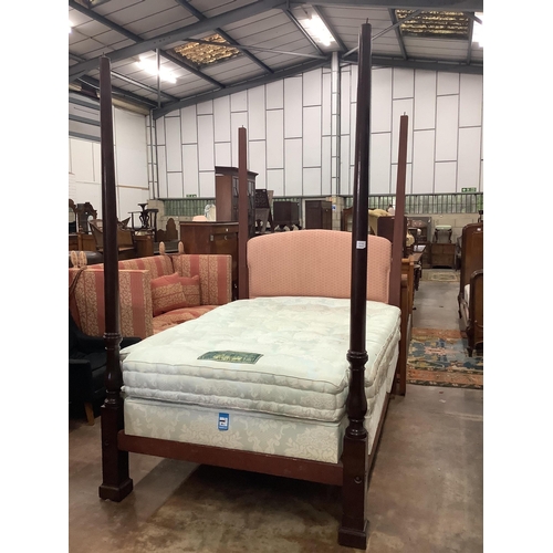 1041 - A Victorian mahogany four poster bed frame, lacks canopy, width 140cm, length 198cm, height 224cm. C... 