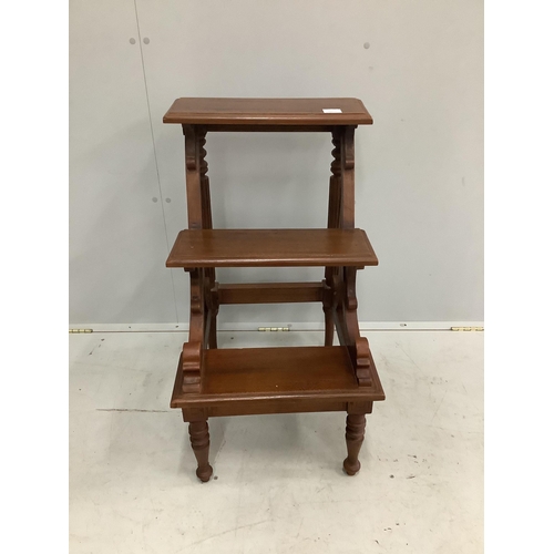 1043 - A set of reproduction mahogany three tread library steps, width 46cm, height 82cm. Condition - fair... 