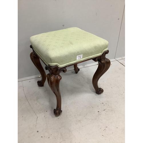 1054 - A Victorian rosewood square topped dressing stool, on cabriole legs, width 46cm, depth 44cm, height ... 