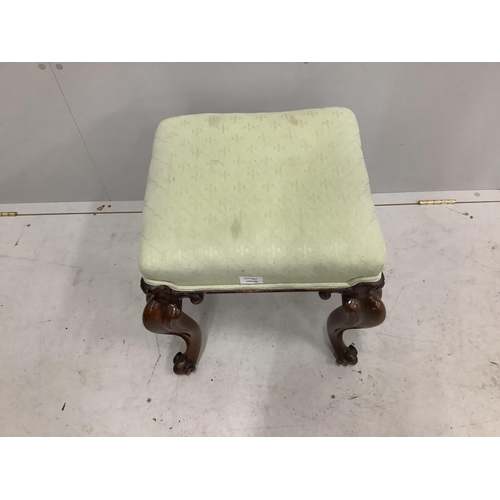 1054 - A Victorian rosewood square topped dressing stool, on cabriole legs, width 46cm, depth 44cm, height ... 