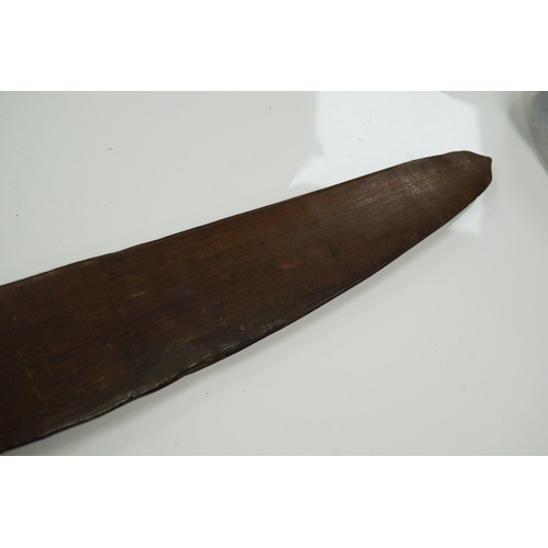 2206 - An Aboriginal boomerang, engraved to one side, 76cm wide. Condition - fair to good