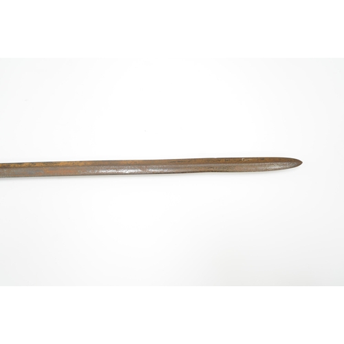 2207 - An African spear, with elongated iron tip and short hardwood shaft, 185cm. Condition fair to good, w... 