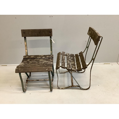 100 - A pair of vintage slatted wrought iron garden chairs, width 45cm, depth 45cm, height 76cm. Condition... 