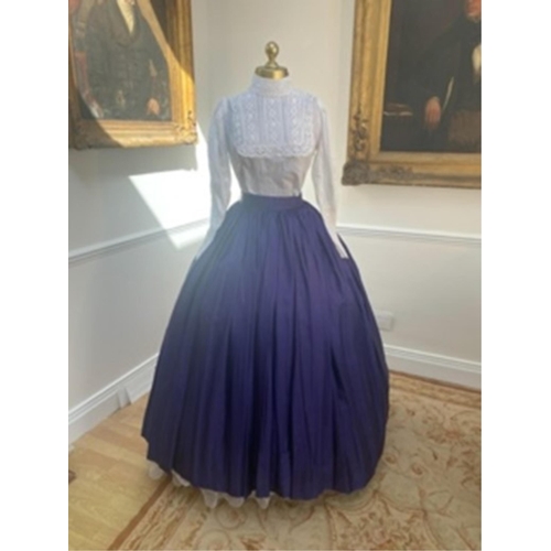176 - A Victorian style full skirt in peacock blue taffeta with white blouse and lace trim. Size Small/Med... 