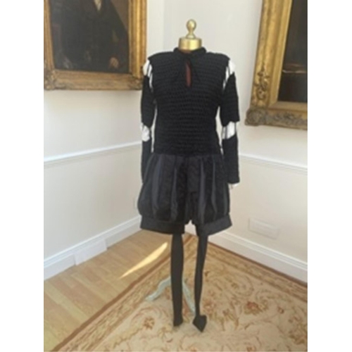 185 - A mens Elizabethan style tunic and pants, with tights and cod-piece. Size Small / Medium