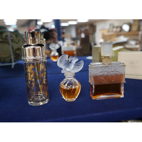 410 - Three Lalique perfume bottles and atomisers, together with two others, tallest 14cm. Condition - fai... 