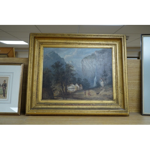 693 - 19th century Swiss school, oil on canvas, study of Staubbach Falls, near Lauterbrunnen, gilt frame, ... 