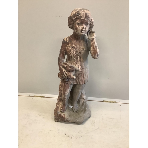 80 - A painted lead garden figure of an infant girl holding a rabbit, height 77cm. Condition - fair... 