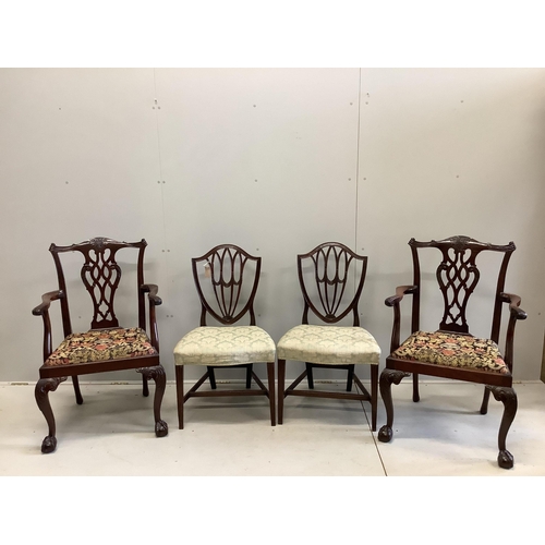 96 - A pair of George III Sheraton style mahogany dining chairs and a pair of George III style mahogany e... 