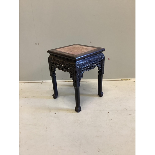 97 - A Chinese rouge marble inset square hardwood vase stand, 35cm, height 47cm. Condition - poor to fair... 