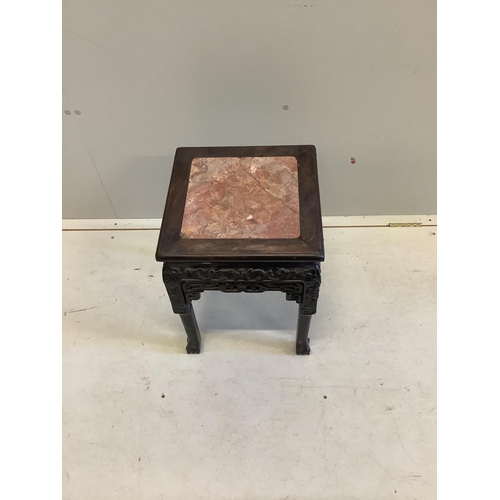 97 - A Chinese rouge marble inset square hardwood vase stand, 35cm, height 47cm. Condition - poor to fair... 