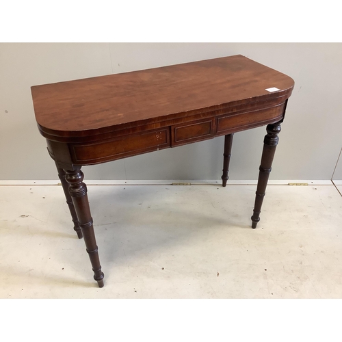 1063 - A Regency mahogany folding top card table, width 91cm, depth 44cm, height 73cm. Condition - fair... 