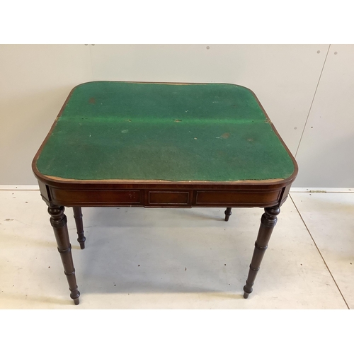 1063 - A Regency mahogany folding top card table, width 91cm, depth 44cm, height 73cm. Condition - fair... 