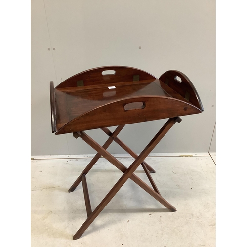 1078 - A Victorian mahogany butlers tray on folding stand, width 70cm, depth 52cm, height 85cm. Condition ... 