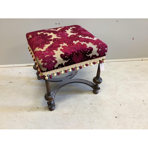 1081 - An 18th century style walnut dressing stool, width 48cm, height 48cm. Condition - fair