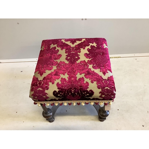 1081 - An 18th century style walnut dressing stool, width 48cm, height 48cm. Condition - fair