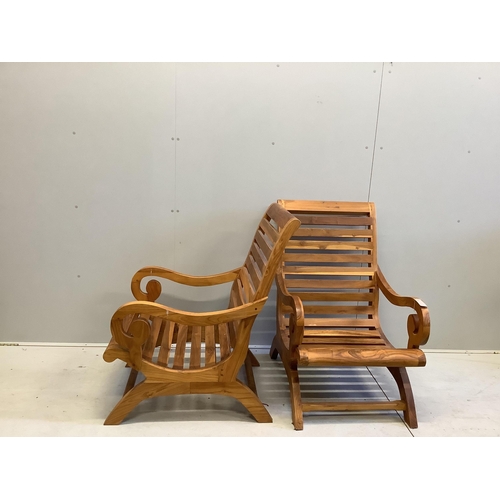 1088 - A pair of stained hardwood garden armchairs, width 64cm, depth 77cm, height 100cm. Condition - good... 