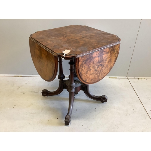 1090 - A Victorian burr walnut drop flap centre table, width 64cm, height 73cm. Condition - fair to good... 