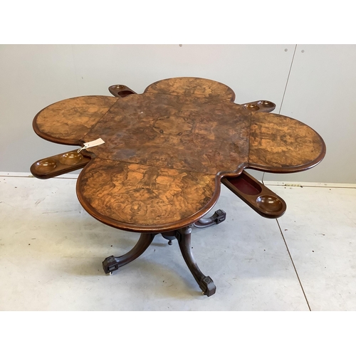 1090 - A Victorian burr walnut drop flap centre table, width 64cm, height 73cm. Condition - fair to good... 