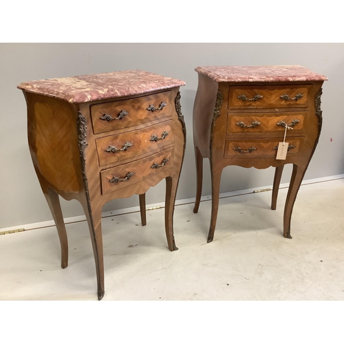 1091 - A pair of Louis XVI style kingwood marble top bombe bedside chests, width 48cm, depth 29cm, height 7... 