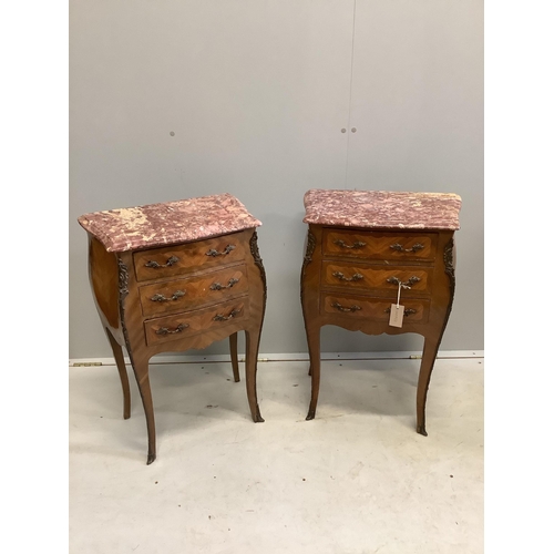 1091 - A pair of Louis XVI style kingwood marble top bombe bedside chests, width 48cm, depth 29cm, height 7... 