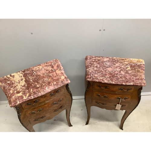 1091 - A pair of Louis XVI style kingwood marble top bombe bedside chests, width 48cm, depth 29cm, height 7... 