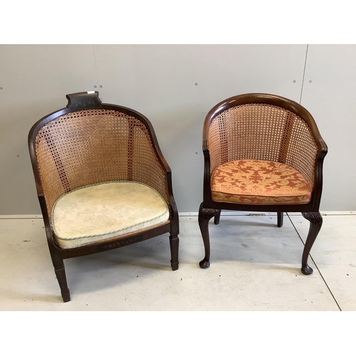 1096 - Two mahogany framed caned back tub shaped bergere chairs, larger width 65cm, depth 56cm, height 90cm... 