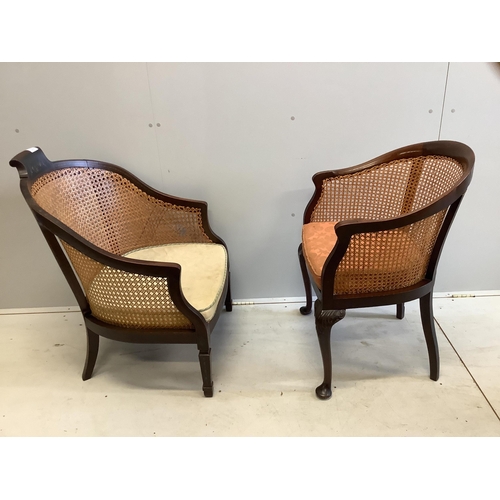 1096 - Two mahogany framed caned back tub shaped bergere chairs, larger width 65cm, depth 56cm, height 90cm... 