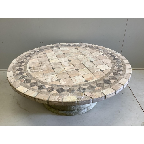 1099 - A hardstone mosaic top coffee table with reconstituted stone base, diameter 121cm, height 47cm.  Con... 