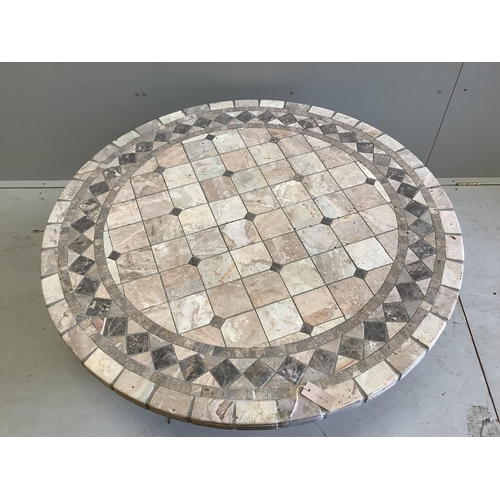 1099 - A hardstone mosaic top coffee table with reconstituted stone base, diameter 121cm, height 47cm.  Con... 