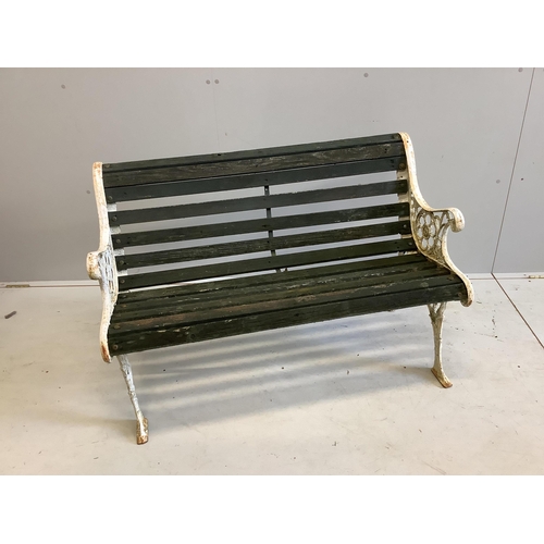 1120 - A Victorian style slatted aluminium garden bench, width 110cm, depth 54cm, height 72cm. Condition - ... 