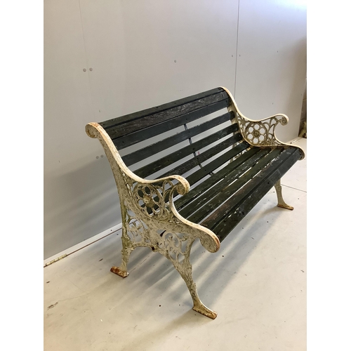 1120 - A Victorian style slatted aluminium garden bench, width 110cm, depth 54cm, height 72cm. Condition - ... 