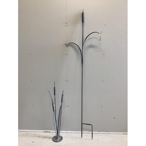 1132 - Two Ian Gill forged steel bulrush and reed garden sculptures, (one a bird feeder stand), larger heig... 