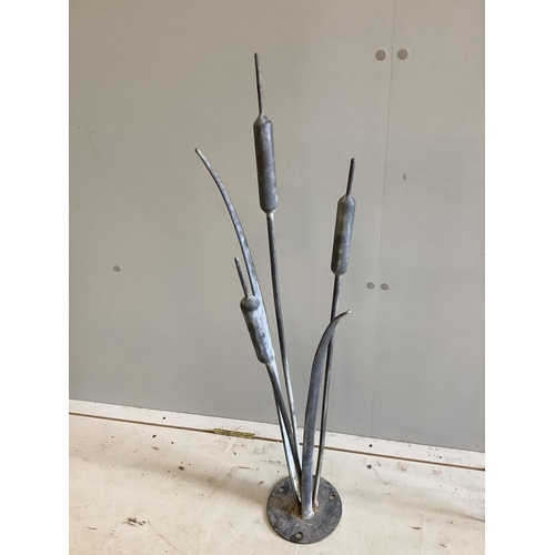 1132 - Two Ian Gill forged steel bulrush and reed garden sculptures, (one a bird feeder stand), larger heig... 