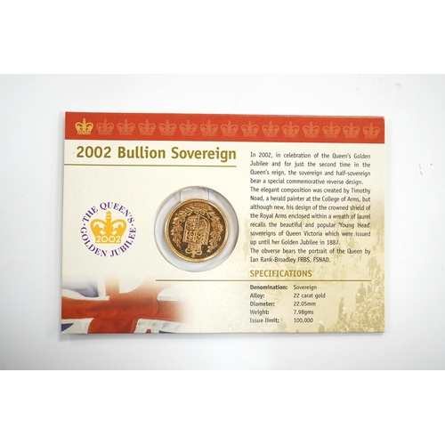 1031 - British gold coins, QEII Royal Mint UK 2002 bullion sovereign, BUNC, carded