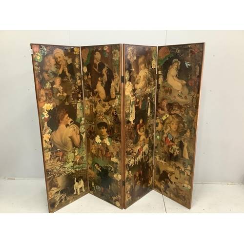 11 - A Victorian four fold scrap screen, each panel width 57cm, height 186cm. Condition - fair to good... 