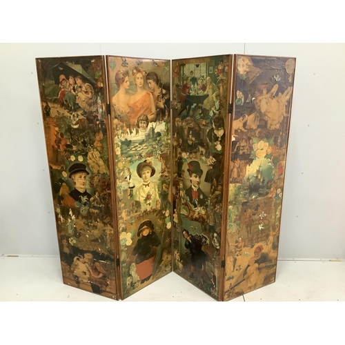 11 - A Victorian four fold scrap screen, each panel width 57cm, height 186cm. Condition - fair to good... 