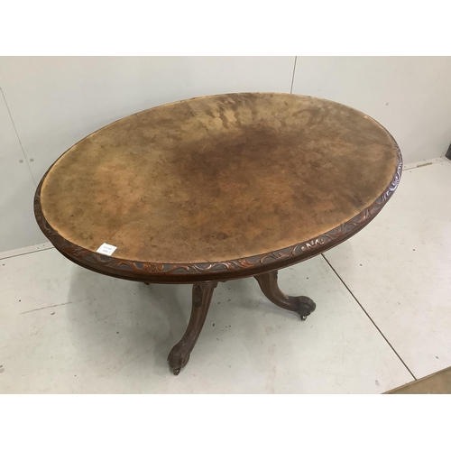 15 - A Victorian carved walnut oval tilt top breakfast table, 120 x 92cm, height 72cm. Condition - fair... 