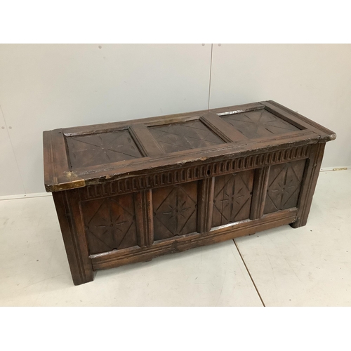 2 - An early 18th century and later oak coffer, width 132cm, height 58cm. Condition - poor