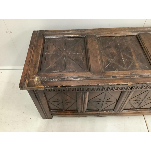 2 - An early 18th century and later oak coffer, width 132cm, height 58cm. Condition - poor