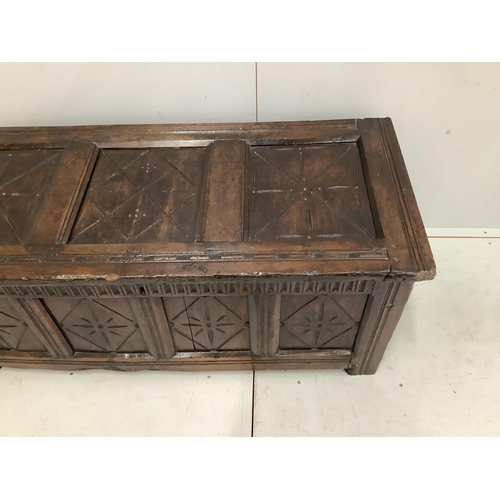 2 - An early 18th century and later oak coffer, width 132cm, height 58cm. Condition - poor