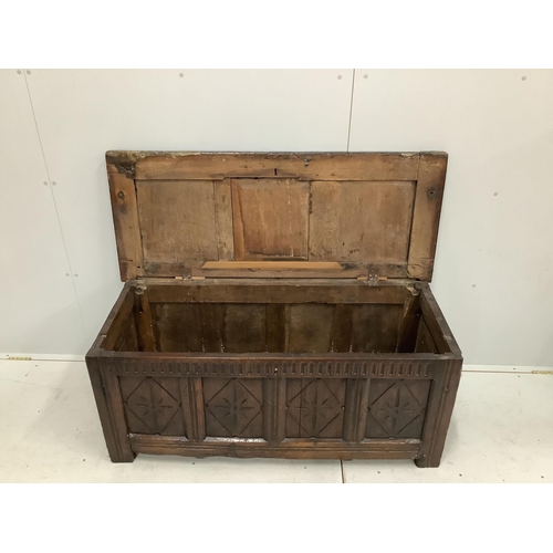 2 - An early 18th century and later oak coffer, width 132cm, height 58cm. Condition - poor