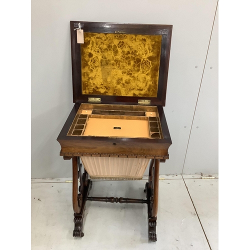 22 - A Victorian rosewood work table, width 56cm. Condition - top faded, otherwise good