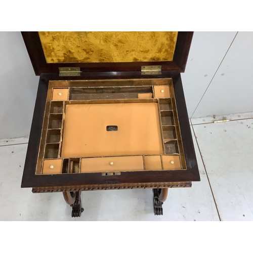 22 - A Victorian rosewood work table, width 56cm. Condition - top faded, otherwise good