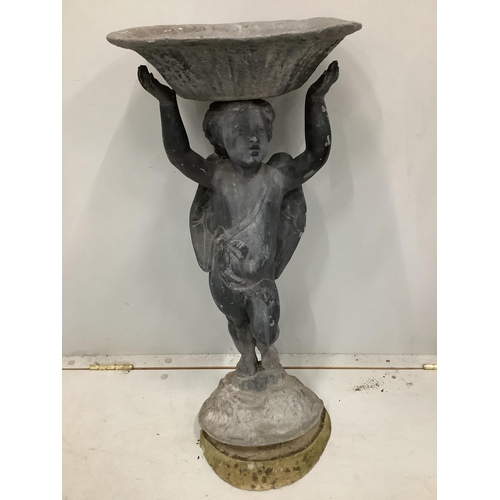 3 - A lead bird bath with cupid stem, height 73cm. Condition - weathered with some old dents and scratch... 