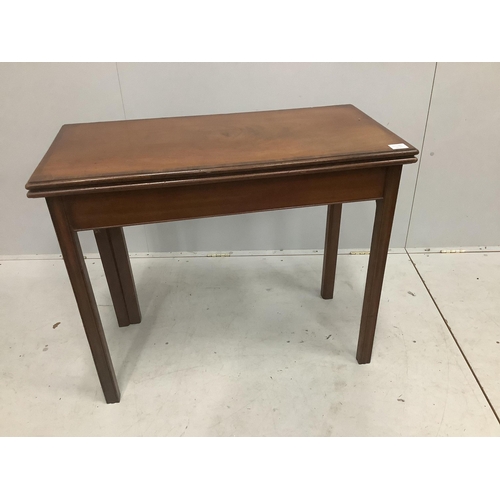 46 - A George III rectangular banded mahogany folding card table, width 91cm, depth 45cm, height 76cm. Co... 